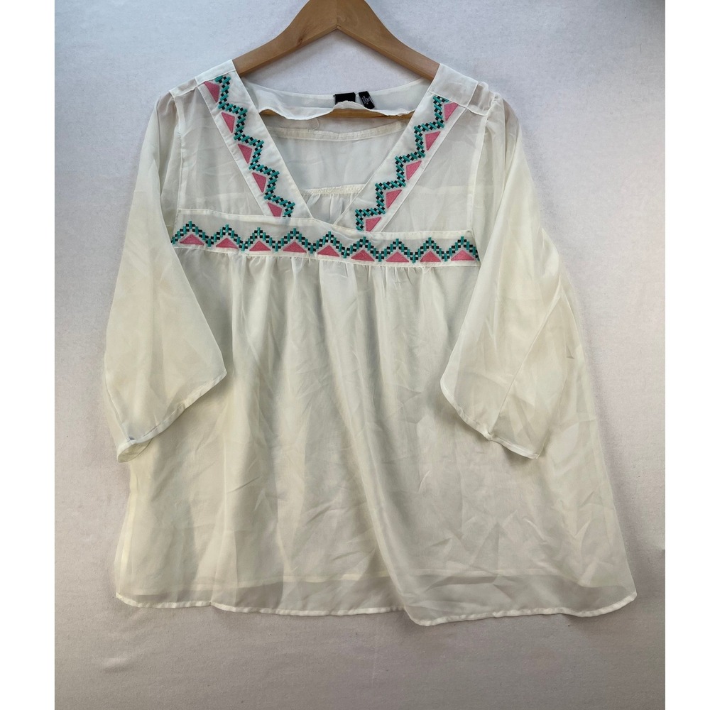 Cruel Ivory Embroidered Sheer Babydoll Blouse Womens Size XL Pink Teal